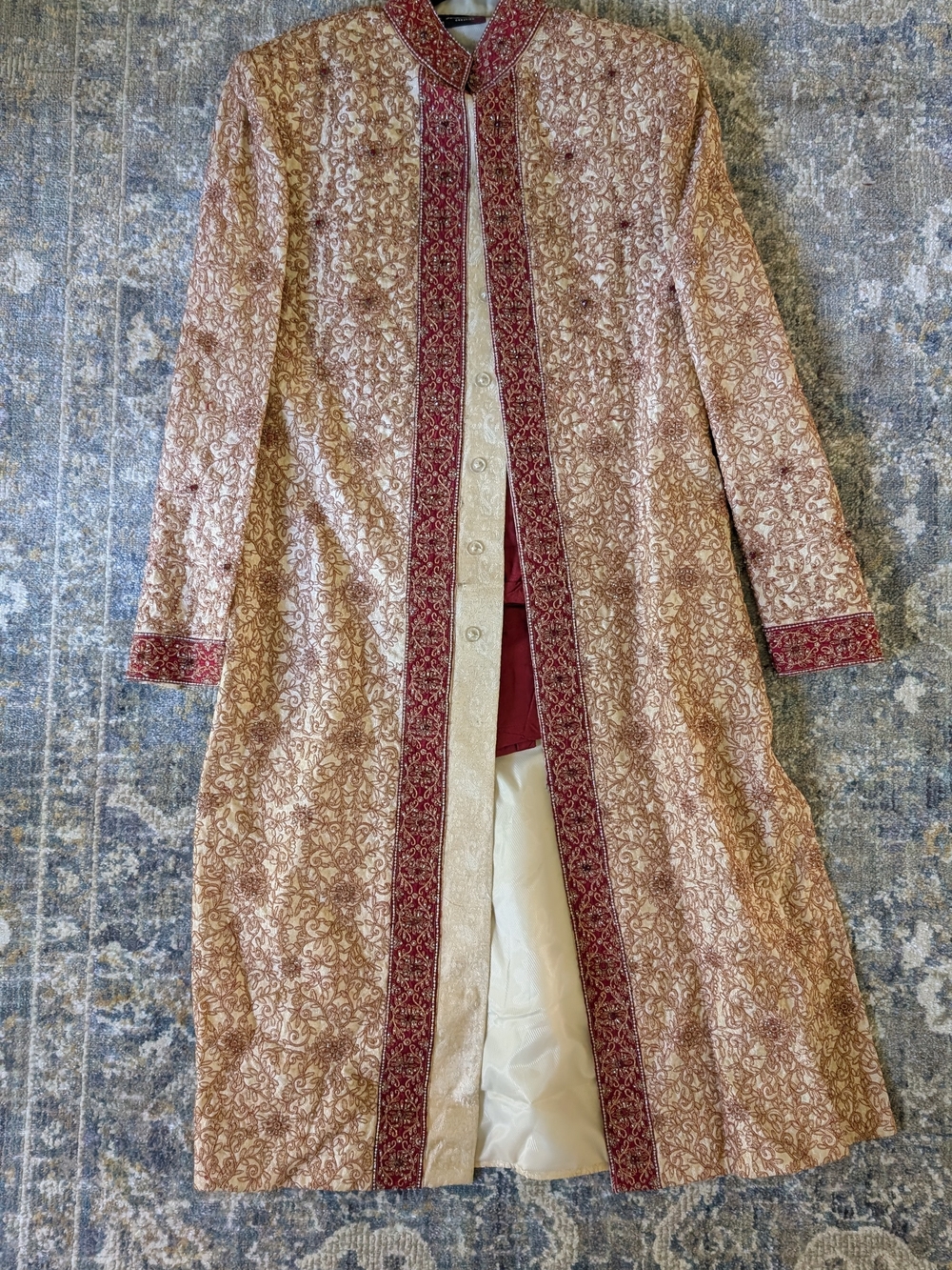 Embellished Long Coat - Rose Gold with Burgundy Trim